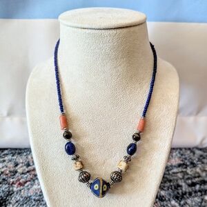 Vintage African Powder Glass Trade Bead Necklace Stone Silver Blue Orange Tribal